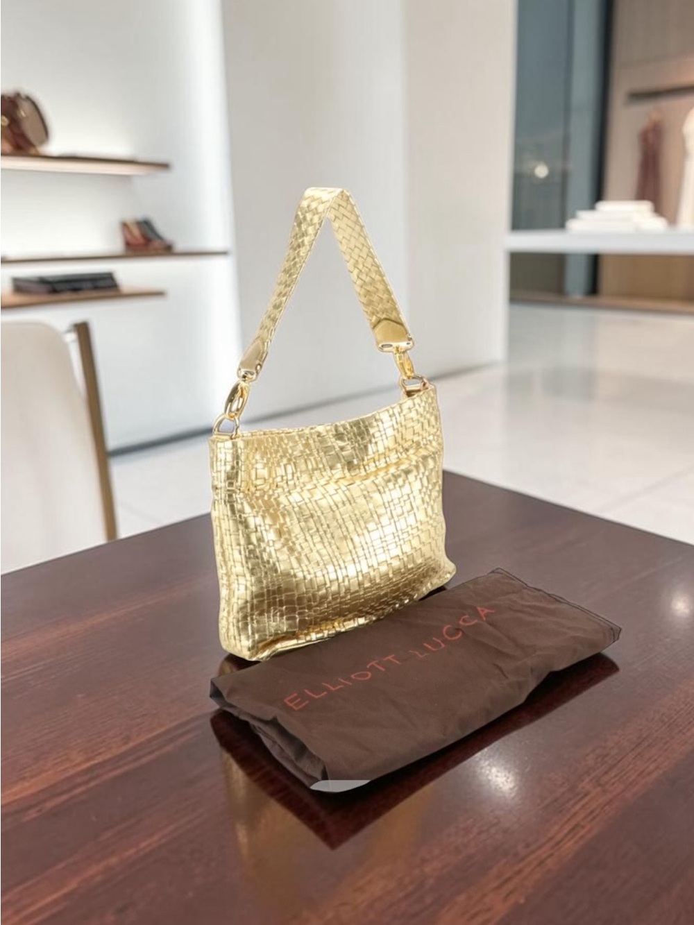 Elliott Lucca Gold Woven Metallic Hobo Bag Leather Shoulder Purse Boho Chic - Picture 2 of 4